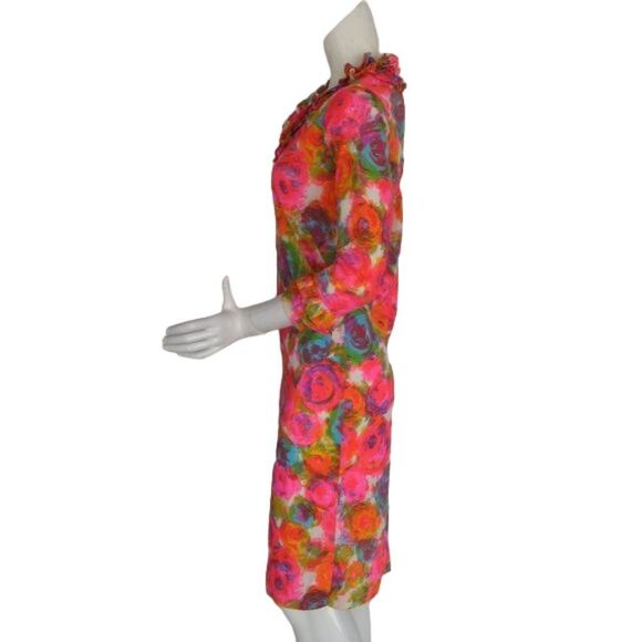 60's Vintage Dress, XS/S, Bright color, Ruffle neck/Cuffs, Abstract Floral - Picture 10 of 10